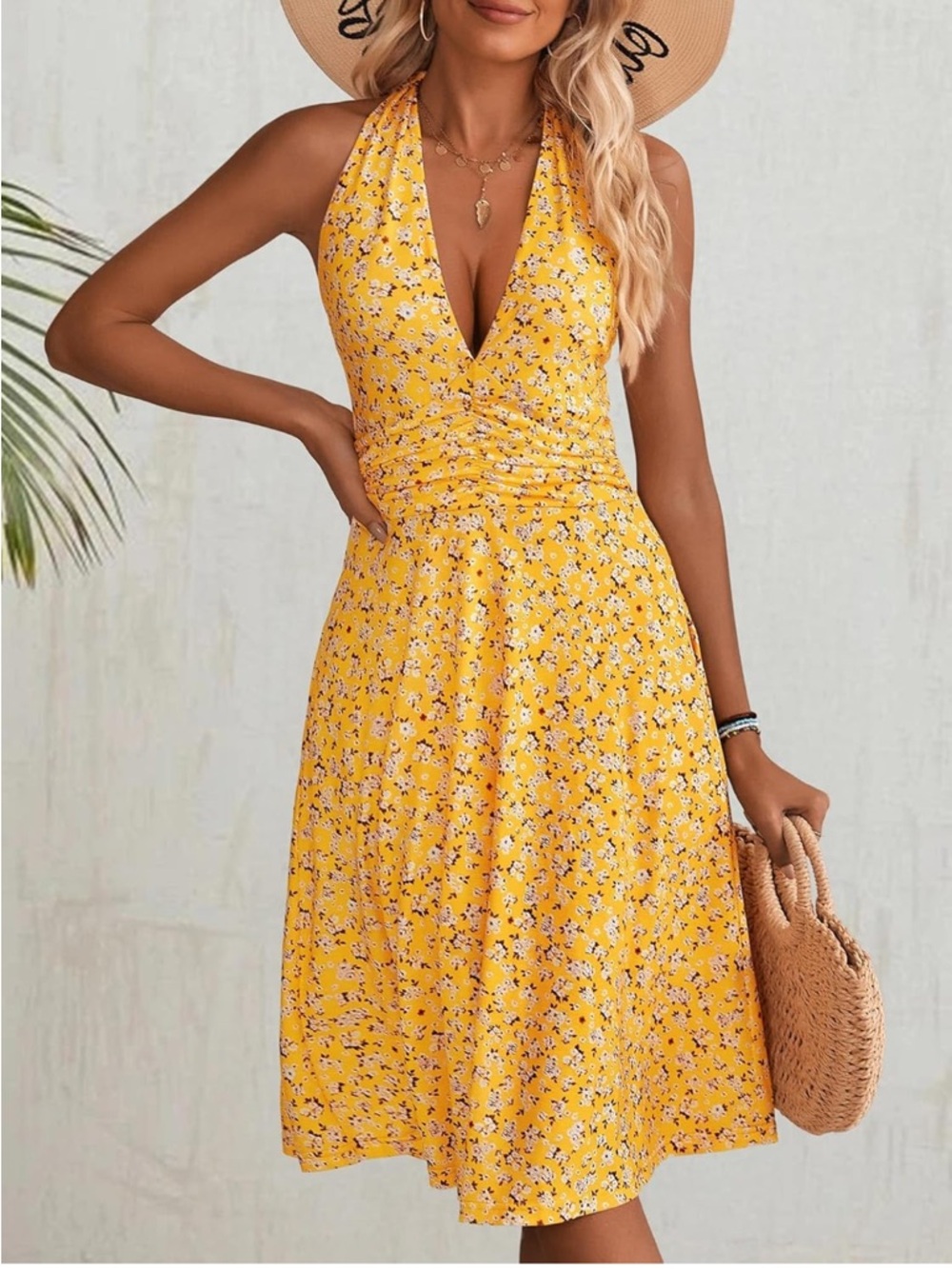Yellow Floral Halter Midi Dress - Classic Summer Style